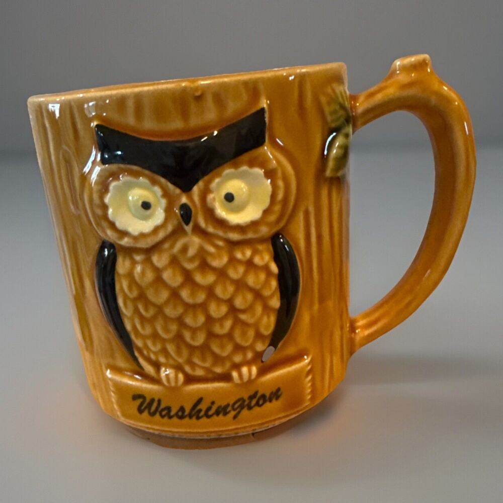 Unique Vintage Owl Souvenir Cup Mug Brown Handled Ceramic 3" Mug Cute Owl Themed